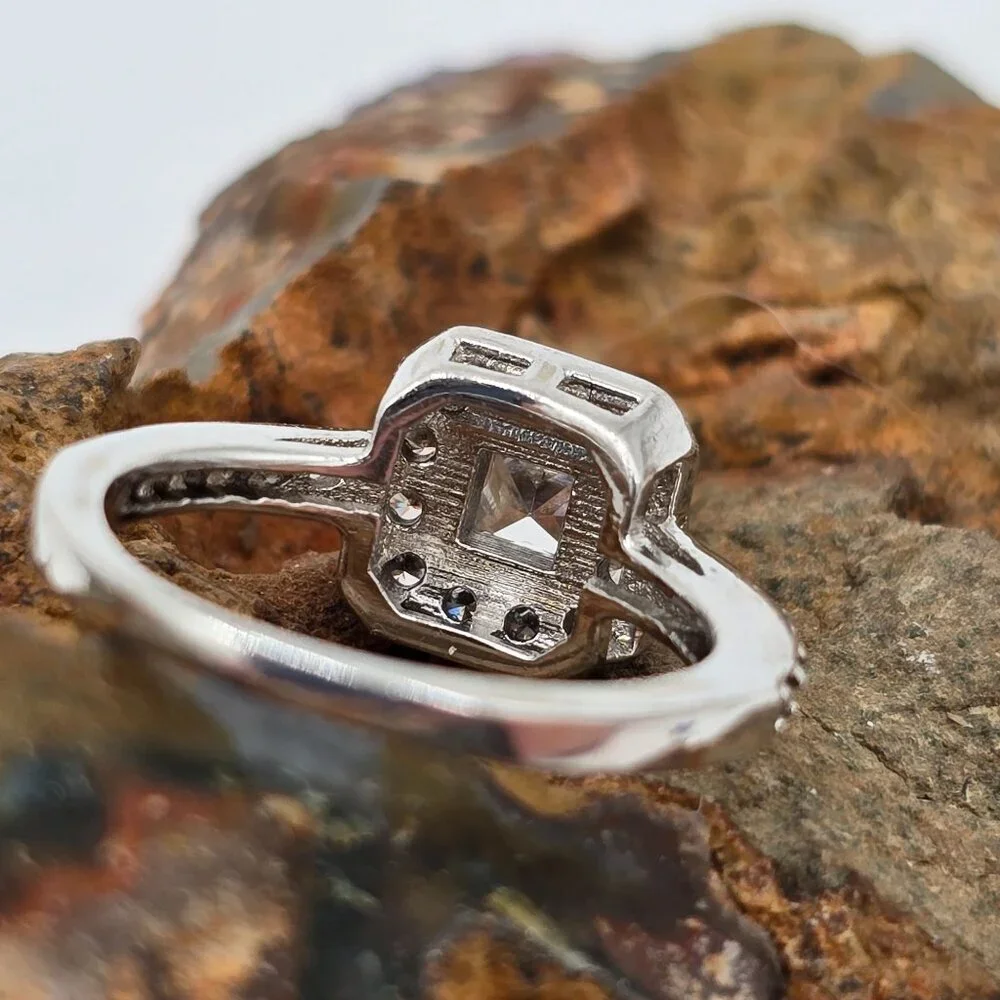 Sterling Silver 925 Halo Engagement Ring Size 3.75 Cushion Cut Cubic Zirconia